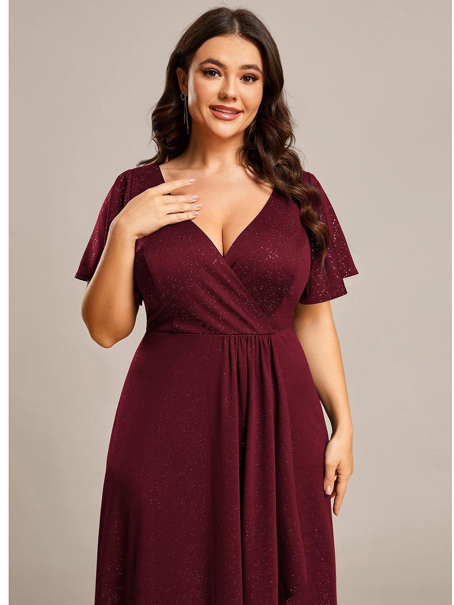 Plus Size Glittering High-Low Evening Dress with Flutter Sleeves #color_Burgundy