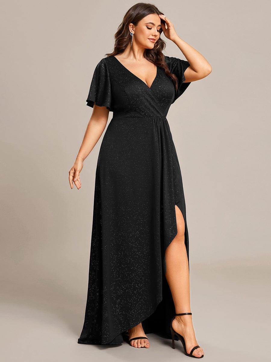 Plus Size Glittering High-Low Evening Dress with Flutter Sleeves #color_Black