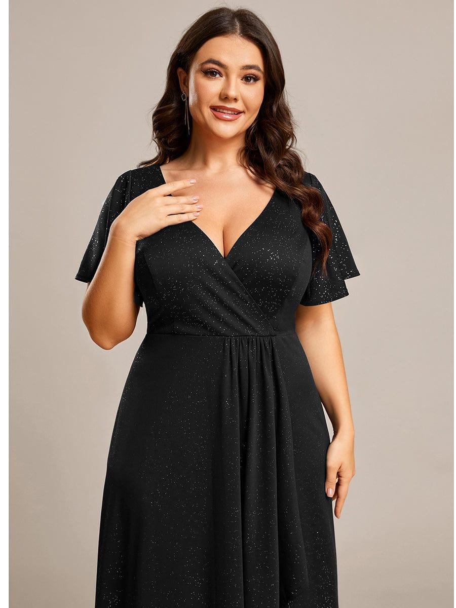Plus Size Glittering High-Low Evening Dress with Flutter Sleeves #color_Black