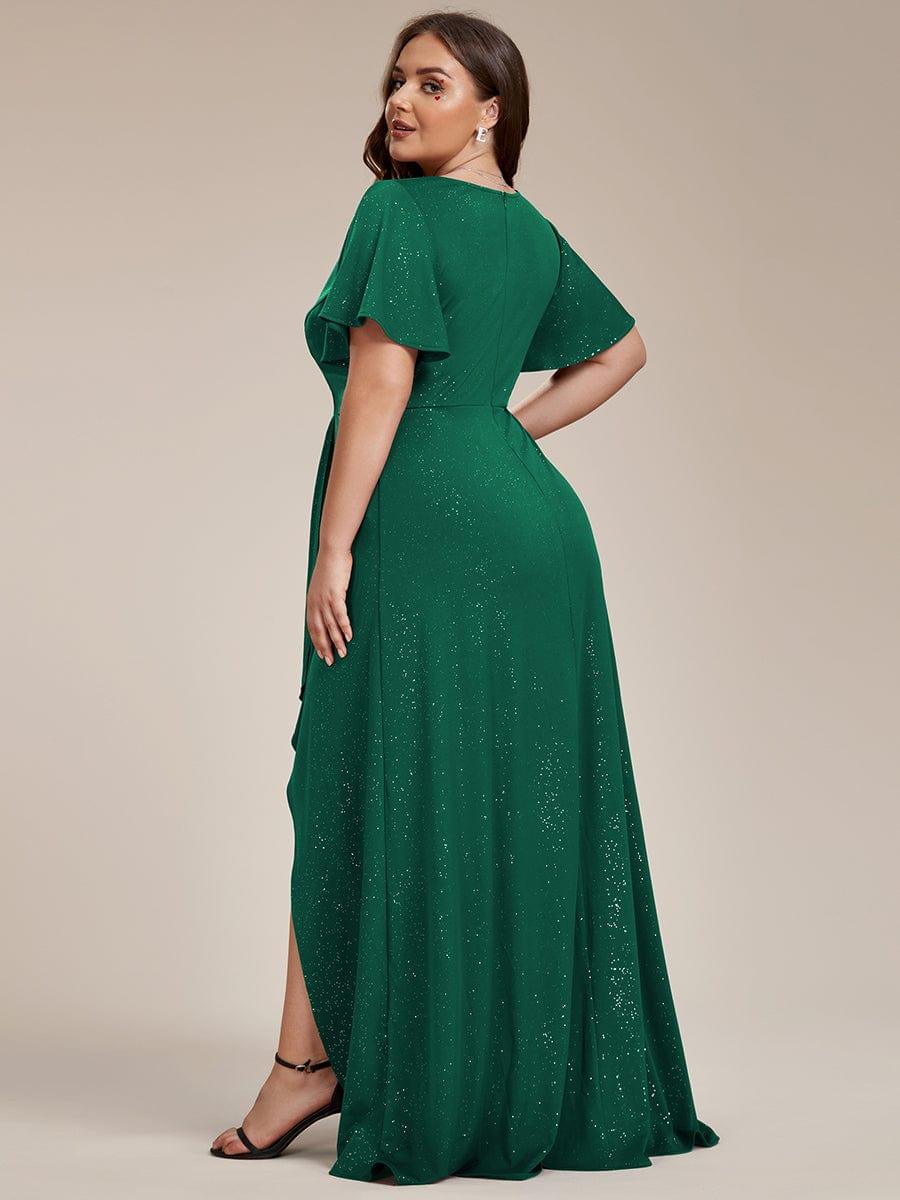 Plus Size Glittering High-Low Evening Dress with Flutter Sleeves #color_Dark Green