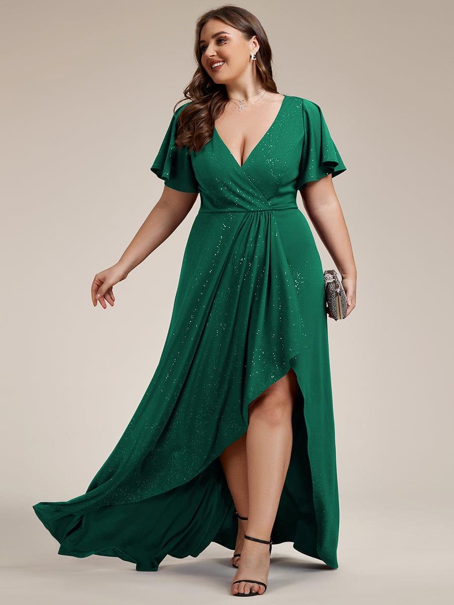 Plus Size Glittering High-Low Evening Dress with Flutter Sleeves #color_Dark Green