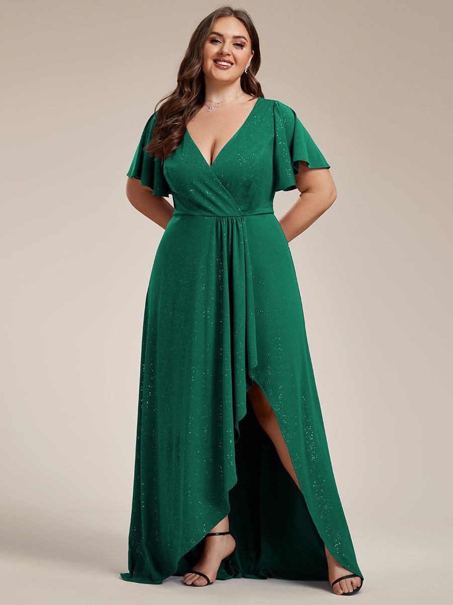 Plus Size Glittering High-Low Evening Dress with Flutter Sleeves #color_Dark Green