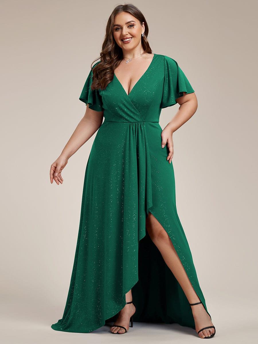 Plus Size Glittering High-Low Evening Dress with Flutter Sleeves #color_Dark Green