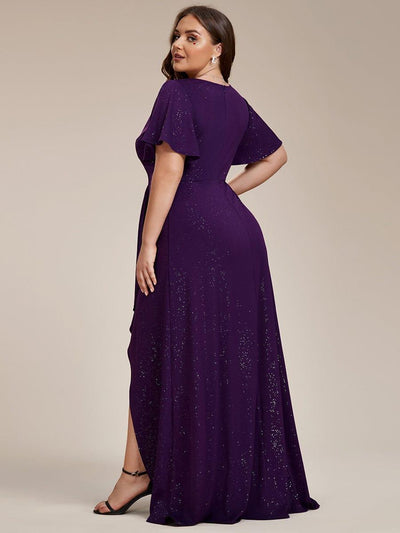 Plus Size Glittering High-Low Evening Dress with Flutter Sleeves #color_Dark Purple