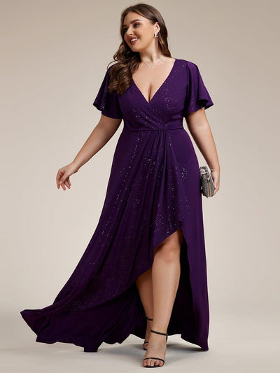 Plus Size Glittering High-Low Evening Dress with Flutter Sleeves #color_Dark Purple