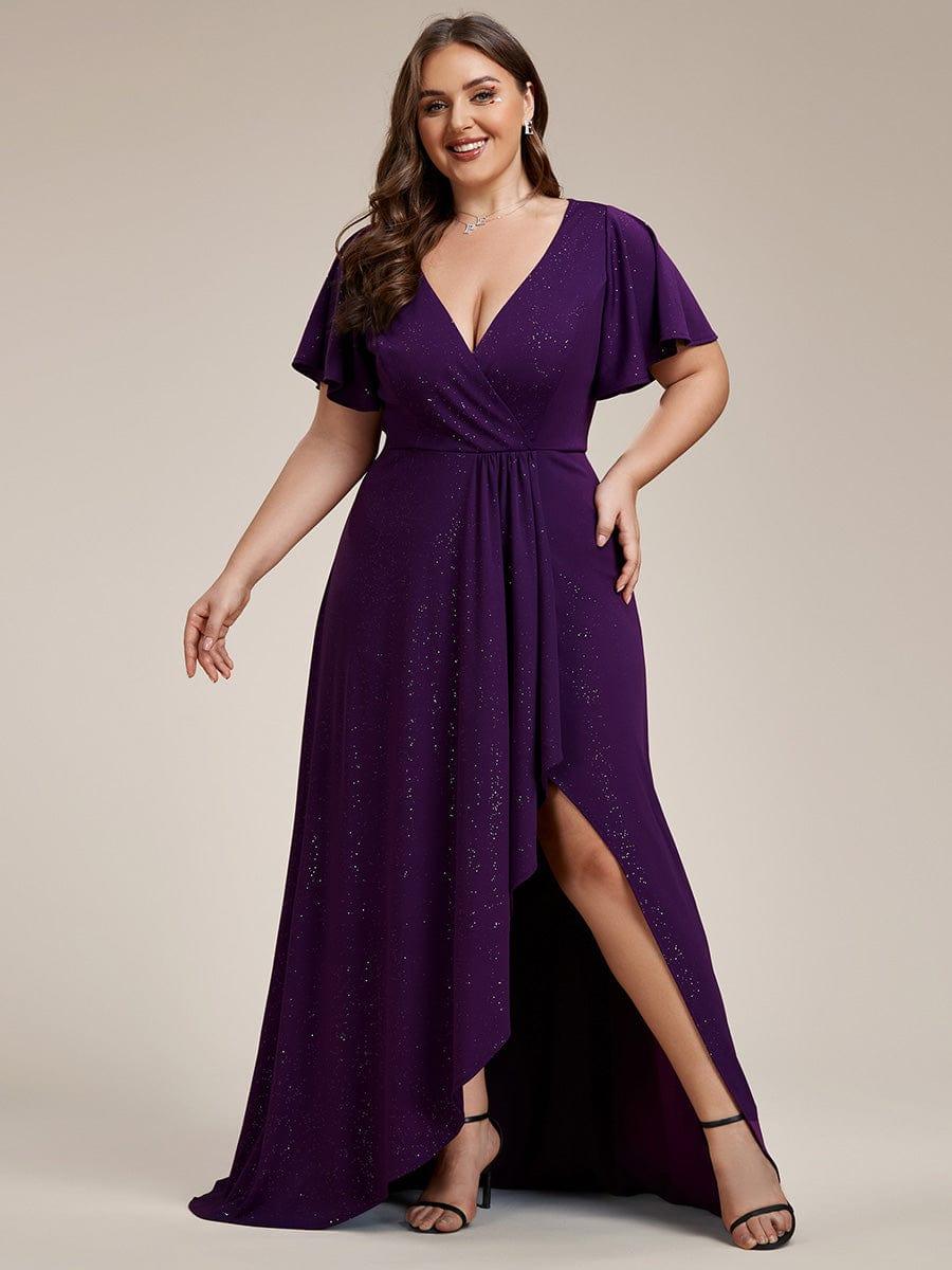 Plus Size Glittering High-Low Evening Dress with Flutter Sleeves #color_Dark Purple