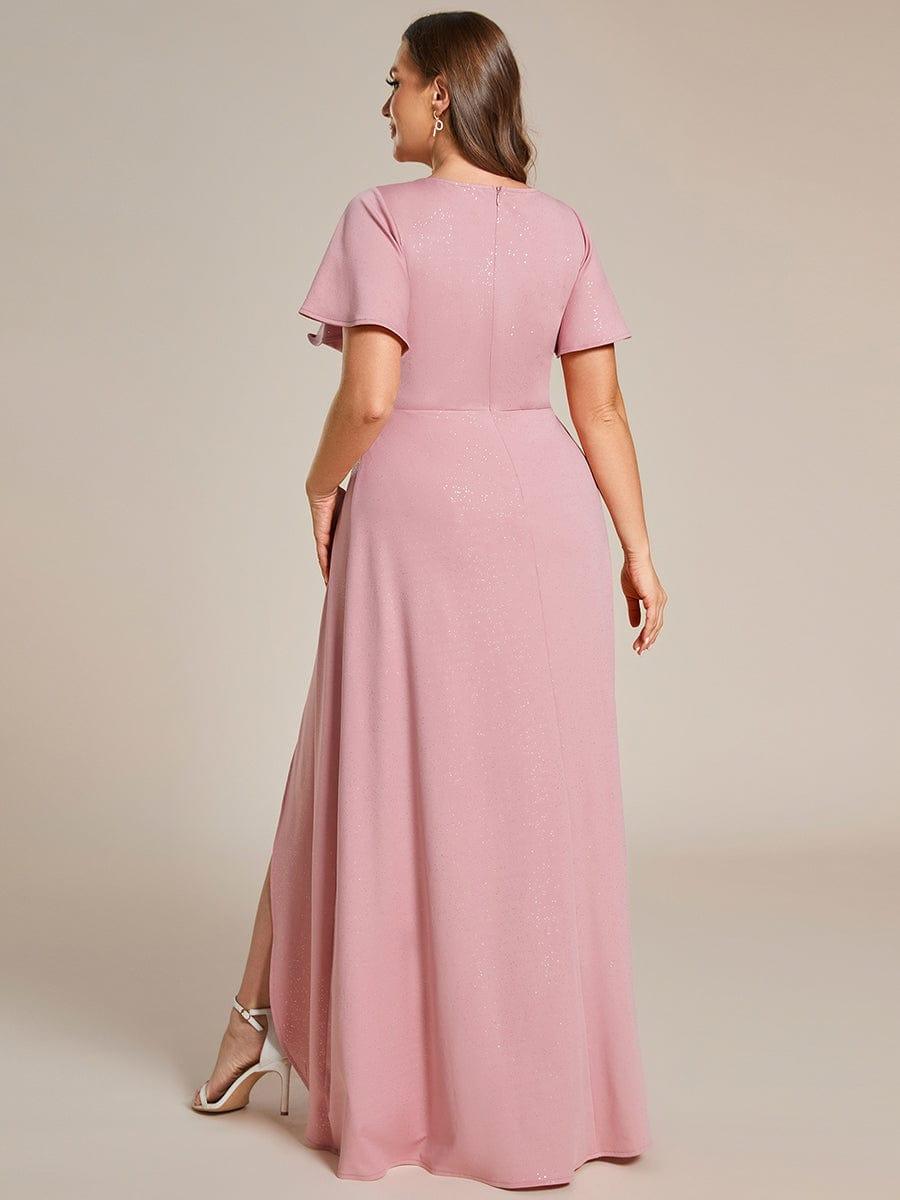 Ruffle Sleeves V Neck High Low Evening Dress #color_Dusty Rose