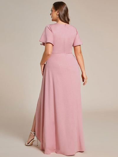 Plus Size Glittering High-Low Evening Dress with Flutter Sleeves #color_Dusty Rose