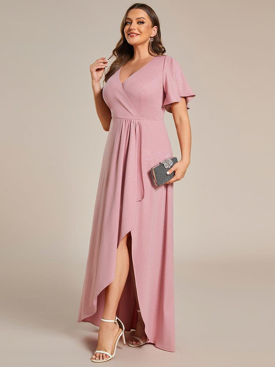 Plus Size Glittering High-Low Evening Dress with Flutter Sleeves #color_Dusty Rose