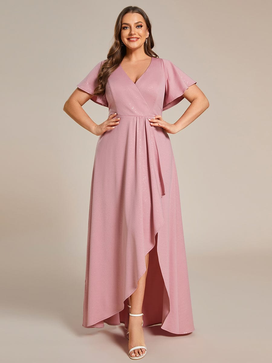 Plus Size Glittering High-Low Evening Dress with Flutter Sleeves #color_Dusty Rose