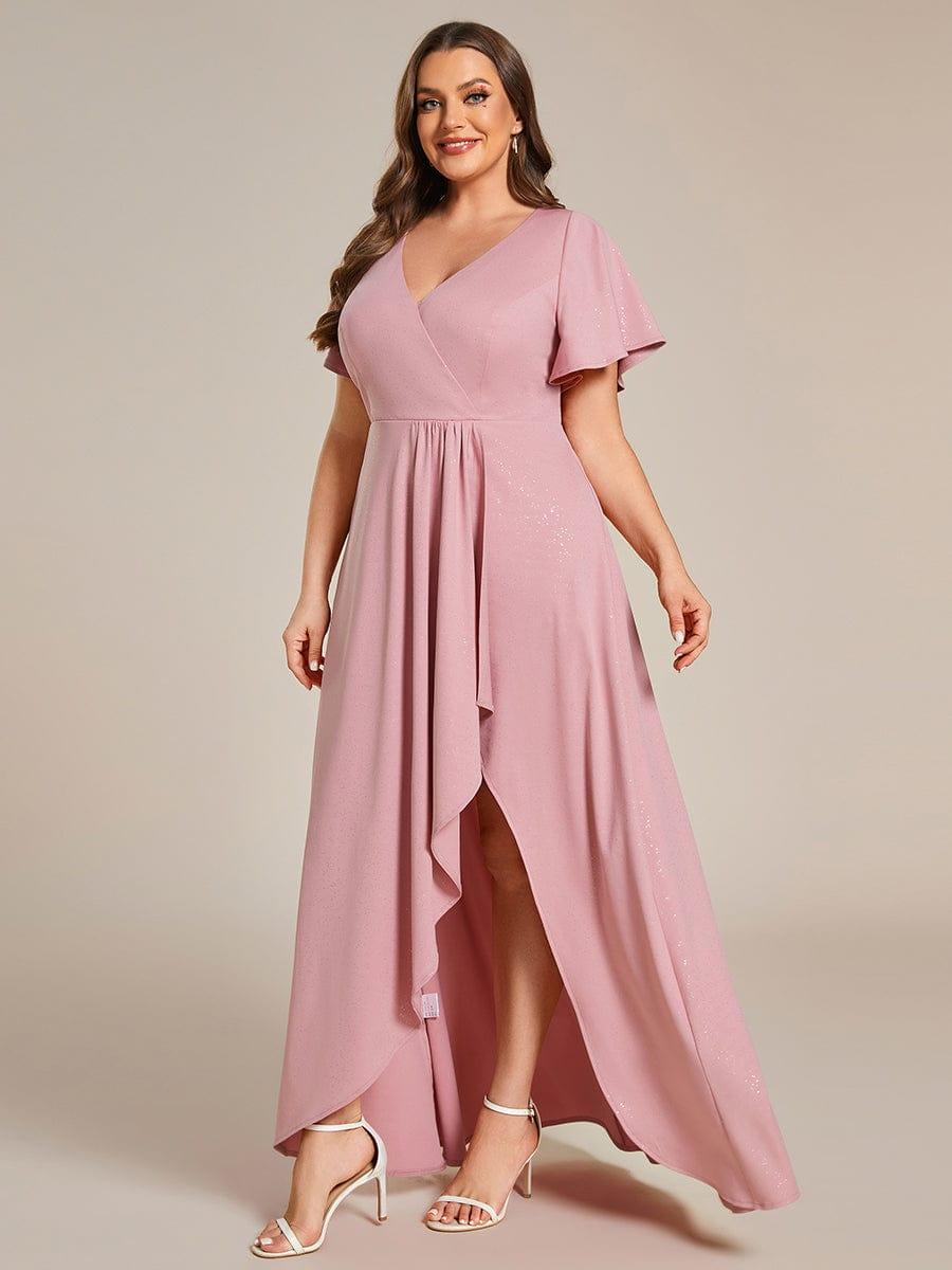 Plus Size Glittering High-Low Evening Dress with Flutter Sleeves #color_Dusty Rose