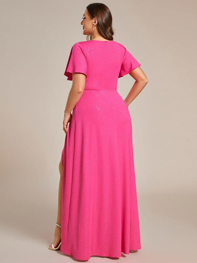 Plus Size Glittering High-Low Evening Dress with Flutter Sleeves #color_Hot Pink
