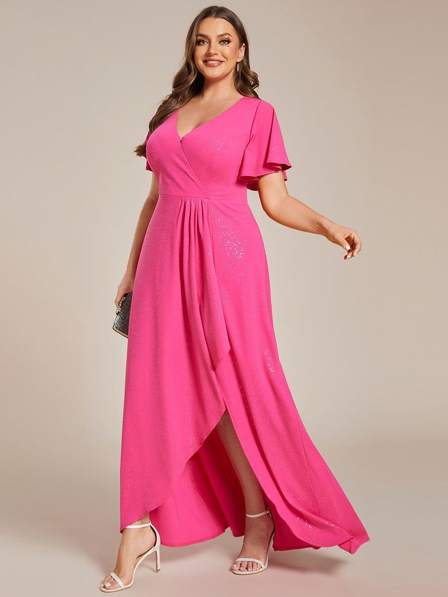 Plus Size Glittering High-Low Evening Dress with Flutter Sleeves #color_Hot Pink