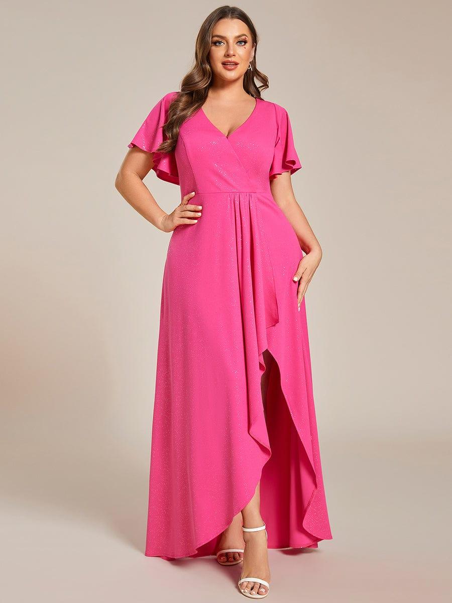 Plus Size Glittering High-Low Evening Dress with Flutter Sleeves #color_Hot Pink