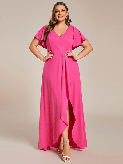 Plus Size Glittering High-Low Evening Dress with Flutter Sleeves #color_Hot Pink