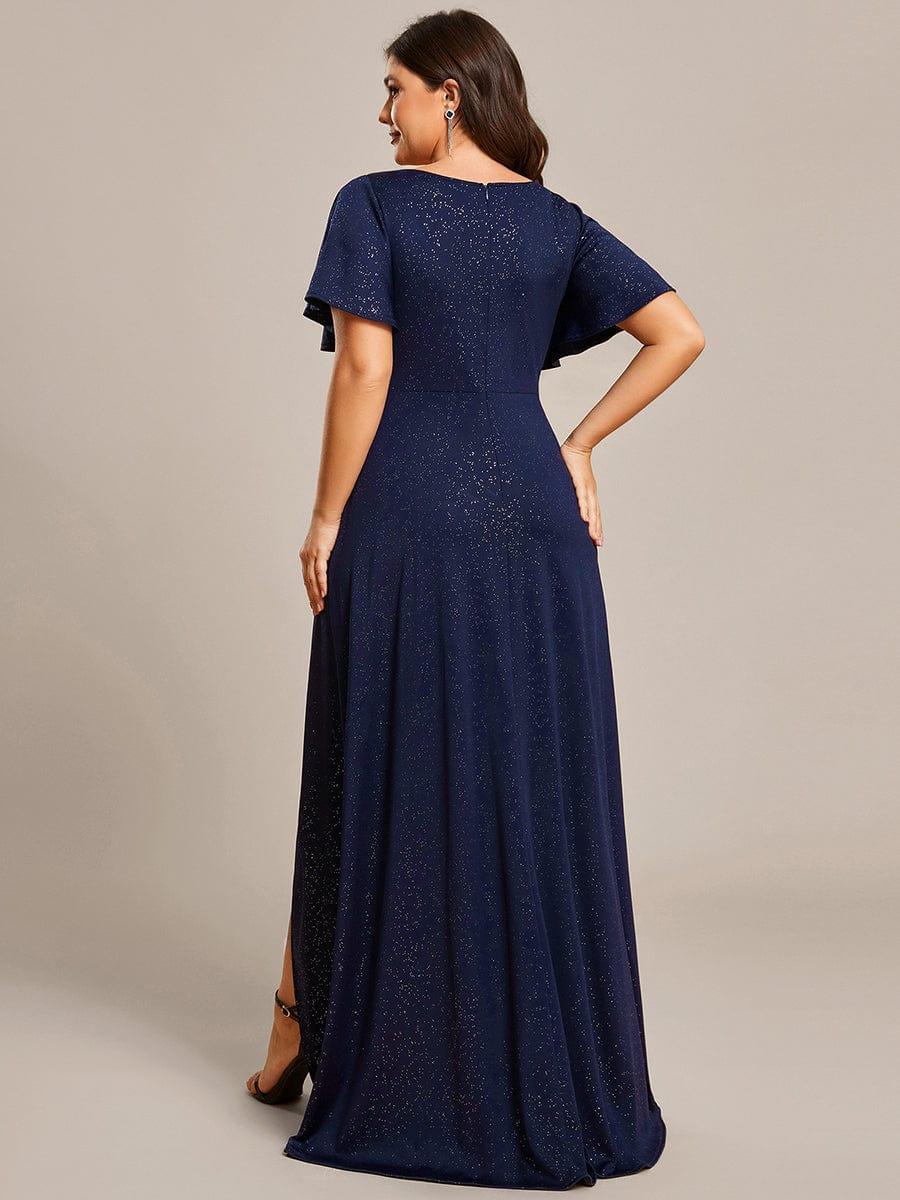 Plus Size Glittering High-Low Evening Dress with Flutter Sleeves #color_Navy Blue