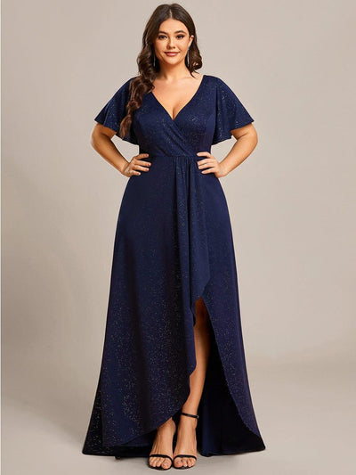 Plus Size Glittering High-Low Evening Dress with Flutter Sleeves #color_Navy Blue