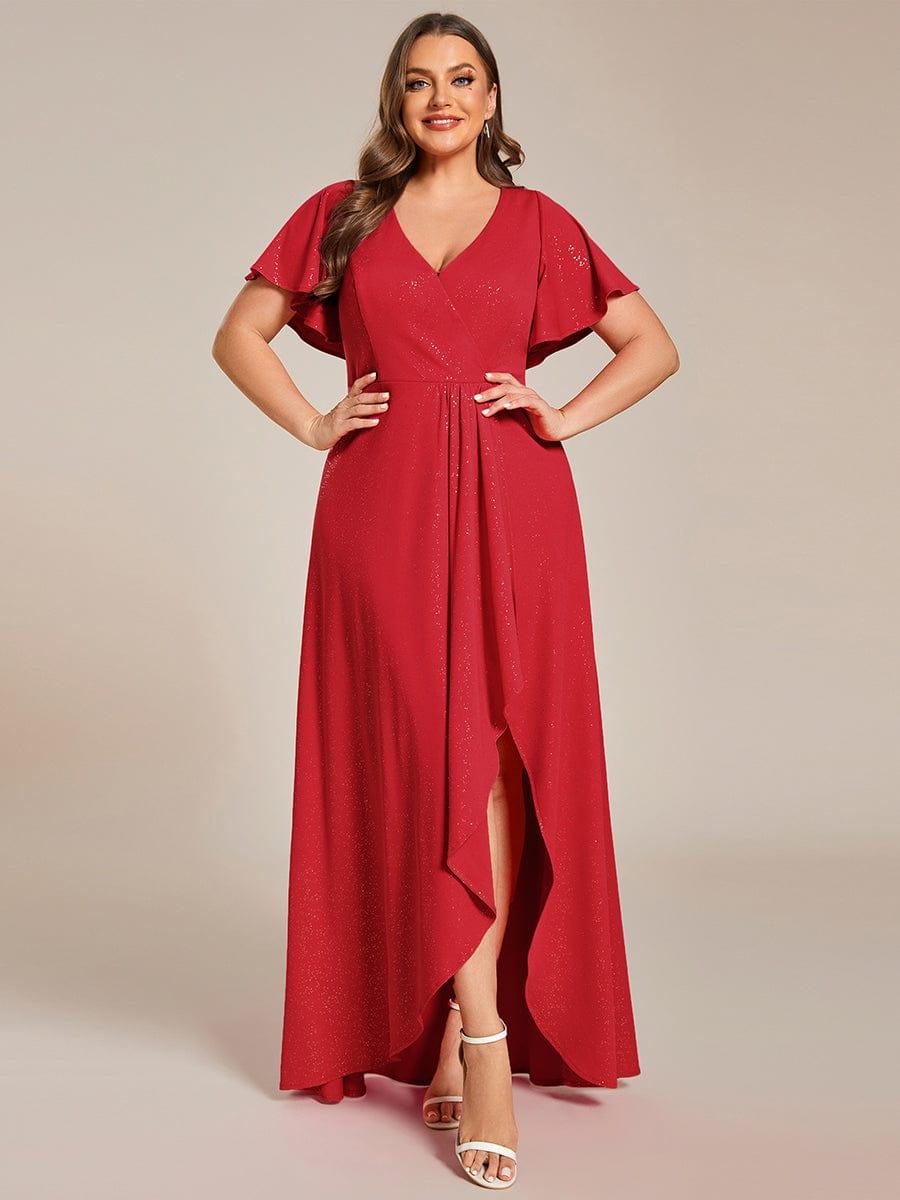 Plus Size Glittering High-Low Evening Dress with Flutter Sleeves #color_Red
