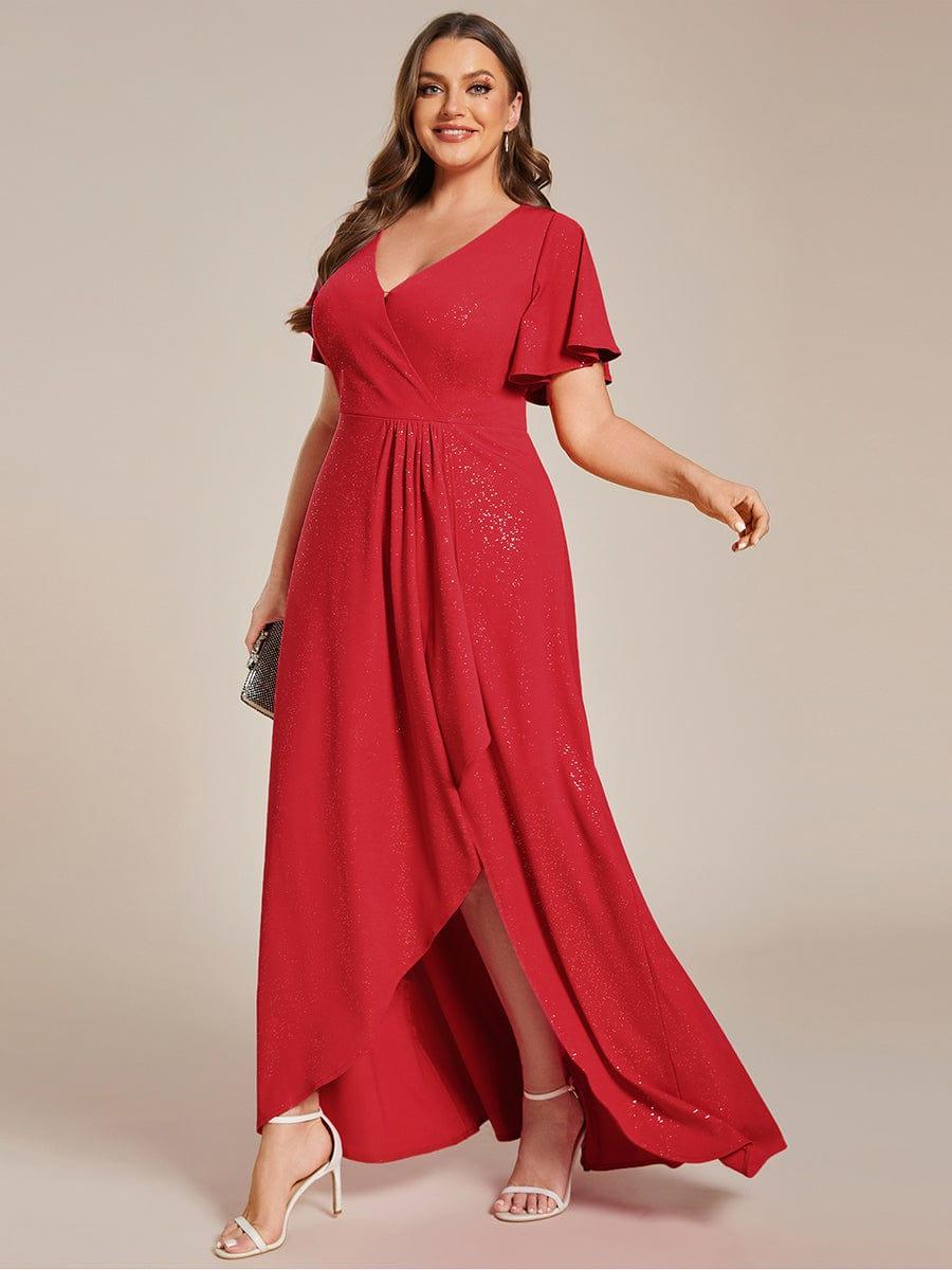 Plus Size Glittering High-Low Evening Dress with Flutter Sleeves #color_Red