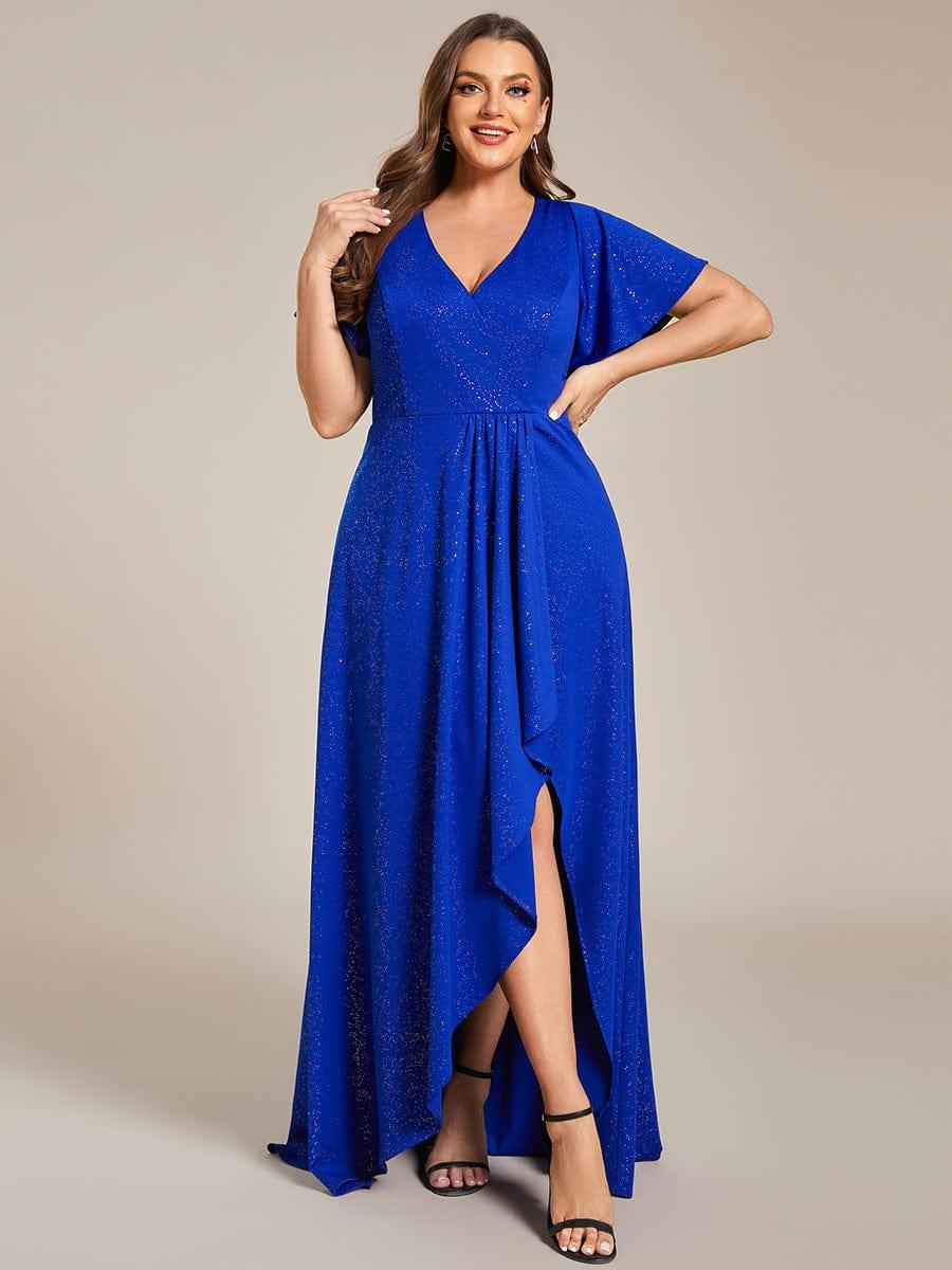 Plus Size Glittering High-Low Evening Dress with Flutter Sleeves #color_Sapphire Blue