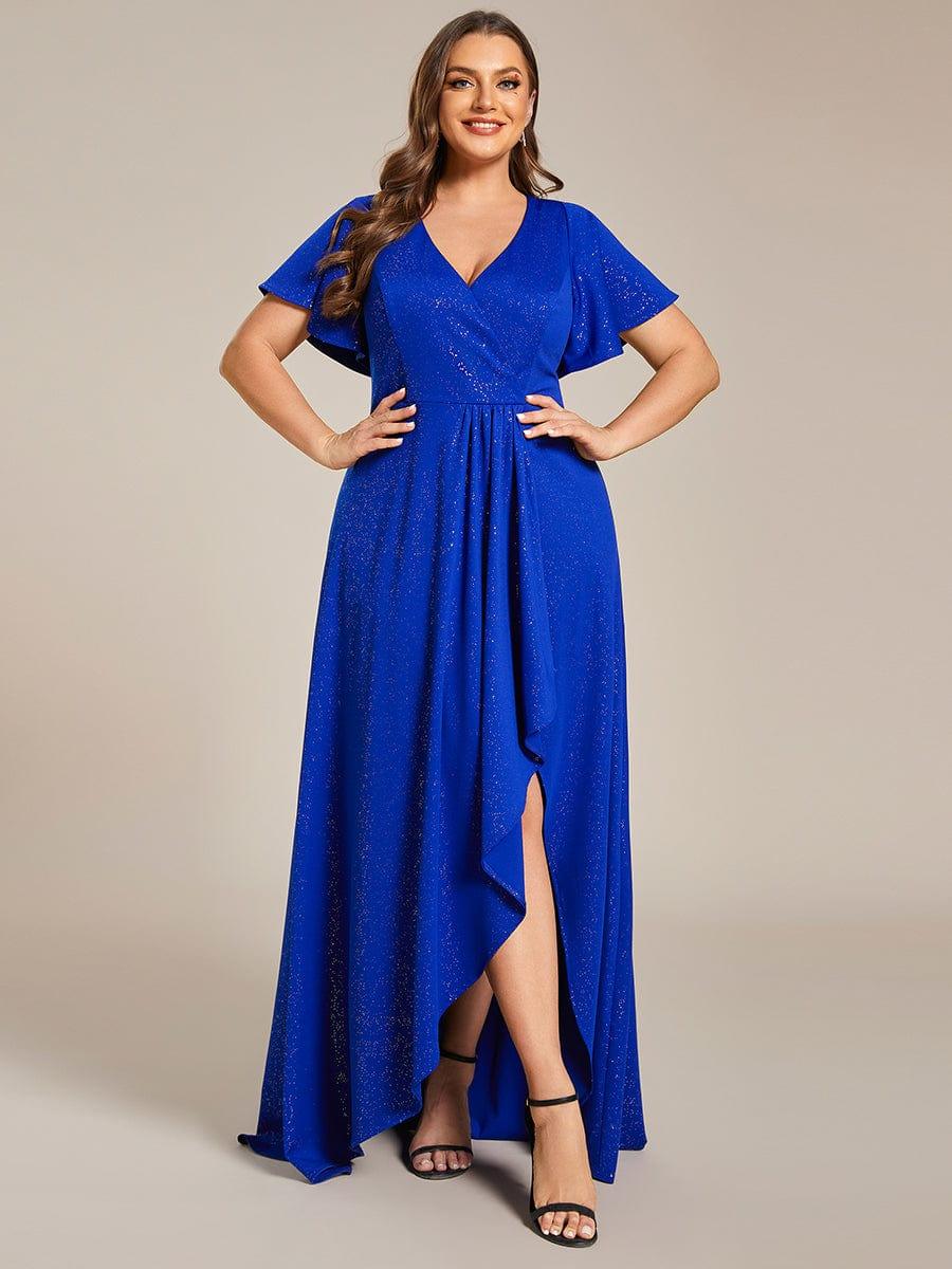 Plus Size Glittering High-Low Evening Dress with Flutter Sleeves #color_Sapphire Blue