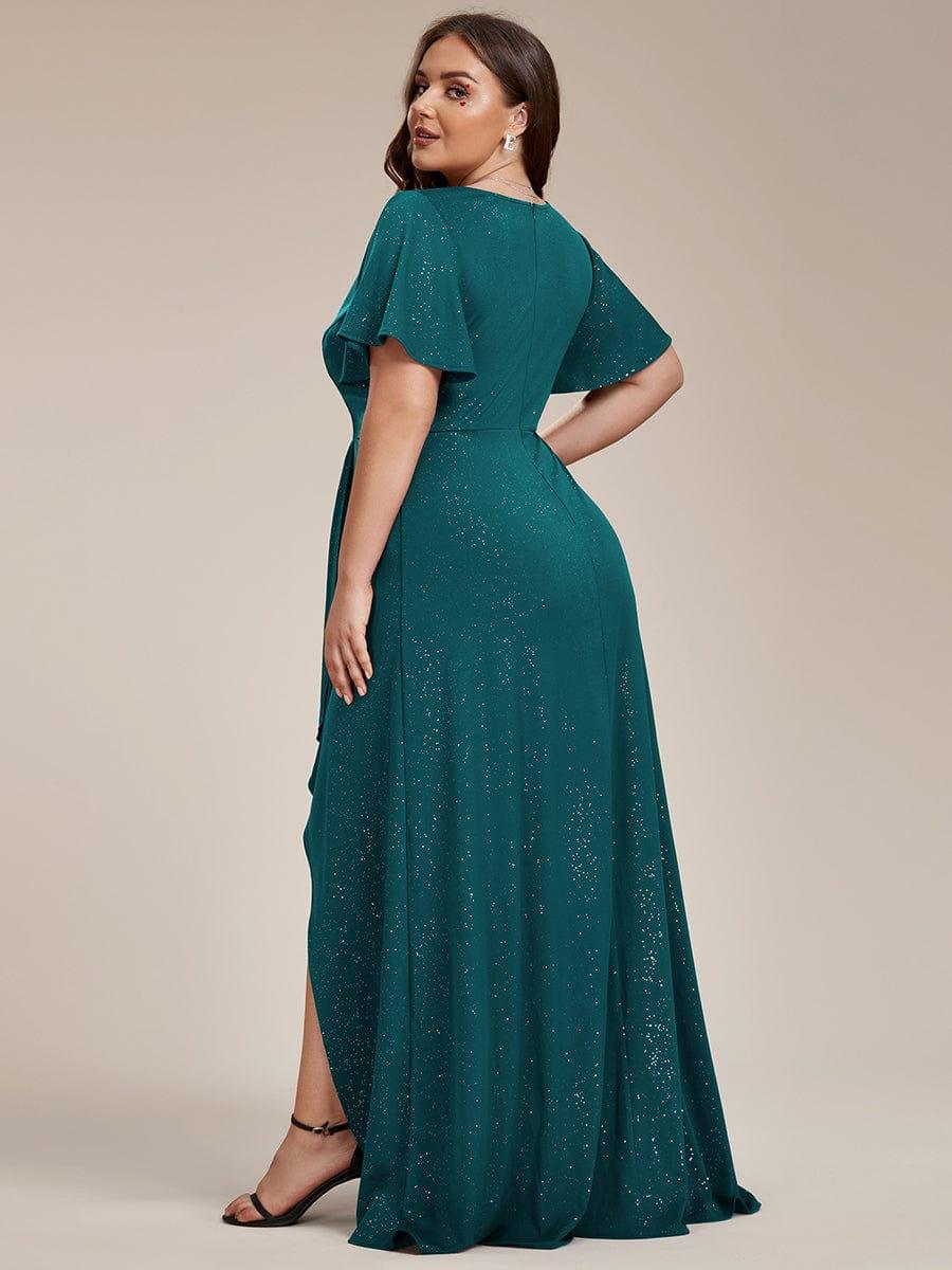 Plus Size Glittering High-Low Evening Dress with Flutter Sleeves #color_Teal