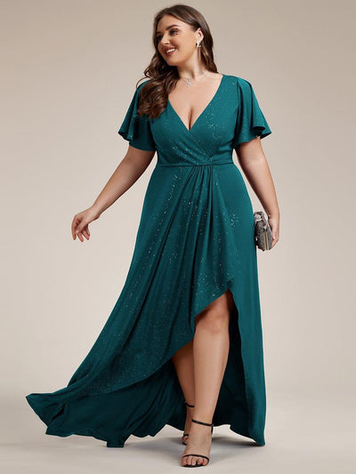 Plus Size Glittering High-Low Evening Dress with Flutter Sleeves #color_Teal