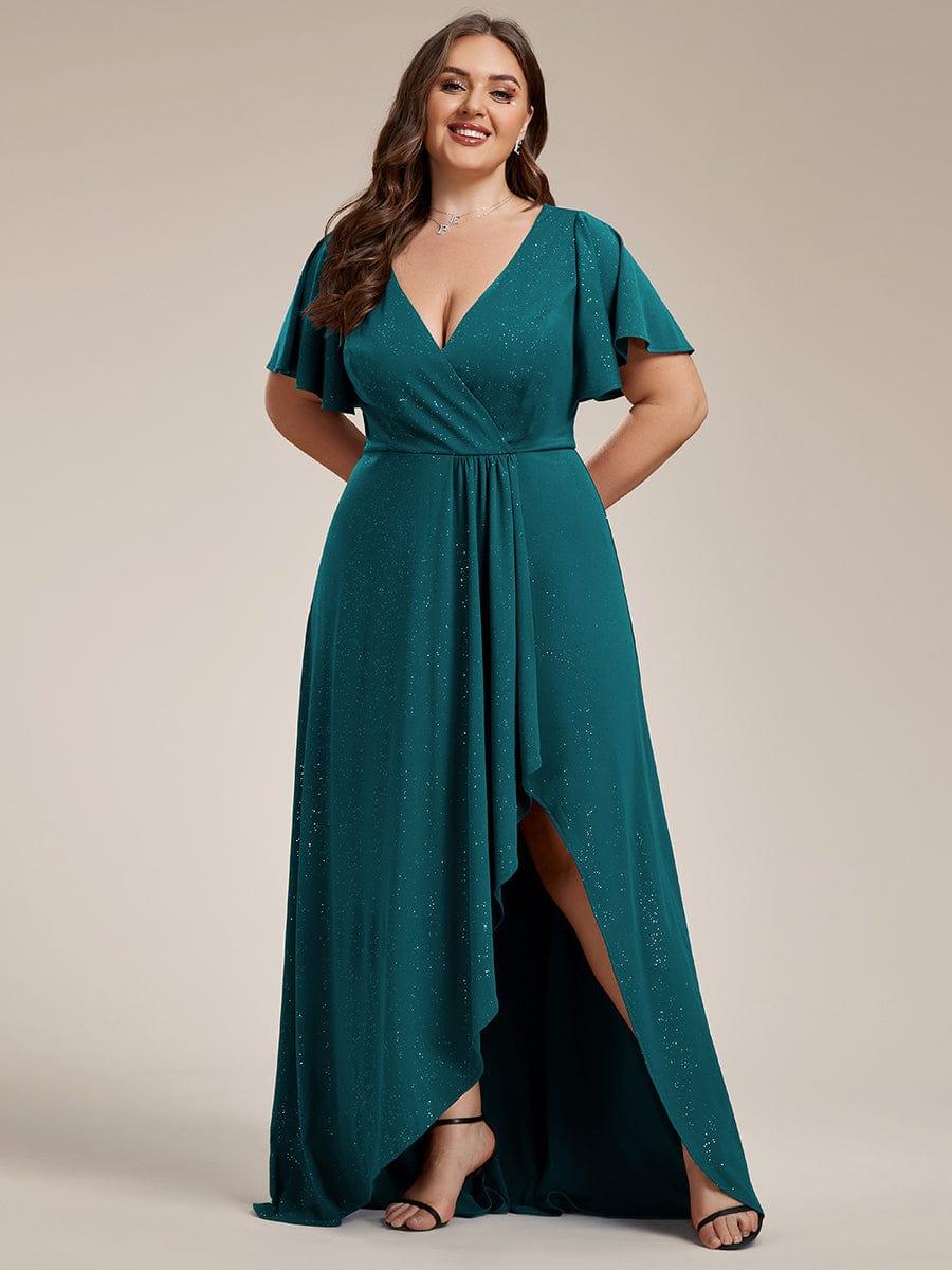 Plus Size Glittering High-Low Evening Dress with Flutter Sleeves #color_Teal
