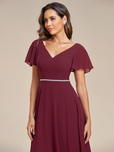 Chiffon Ruffle Sleeves V-Neck Bridesmaid Dress with High-Low Hemline #Color_Burgundy