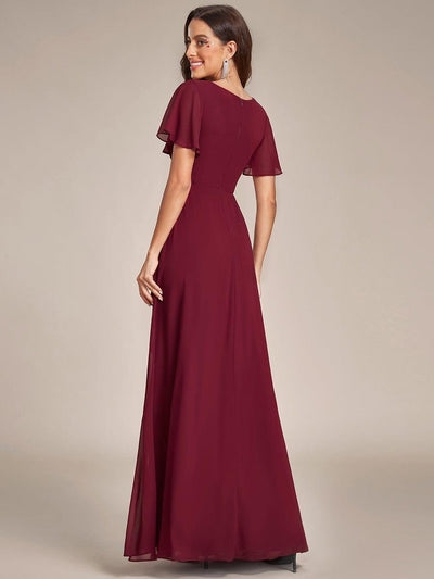 Ruffles Sleeve High Split Chiffon Evening Dress #color_Burgundy