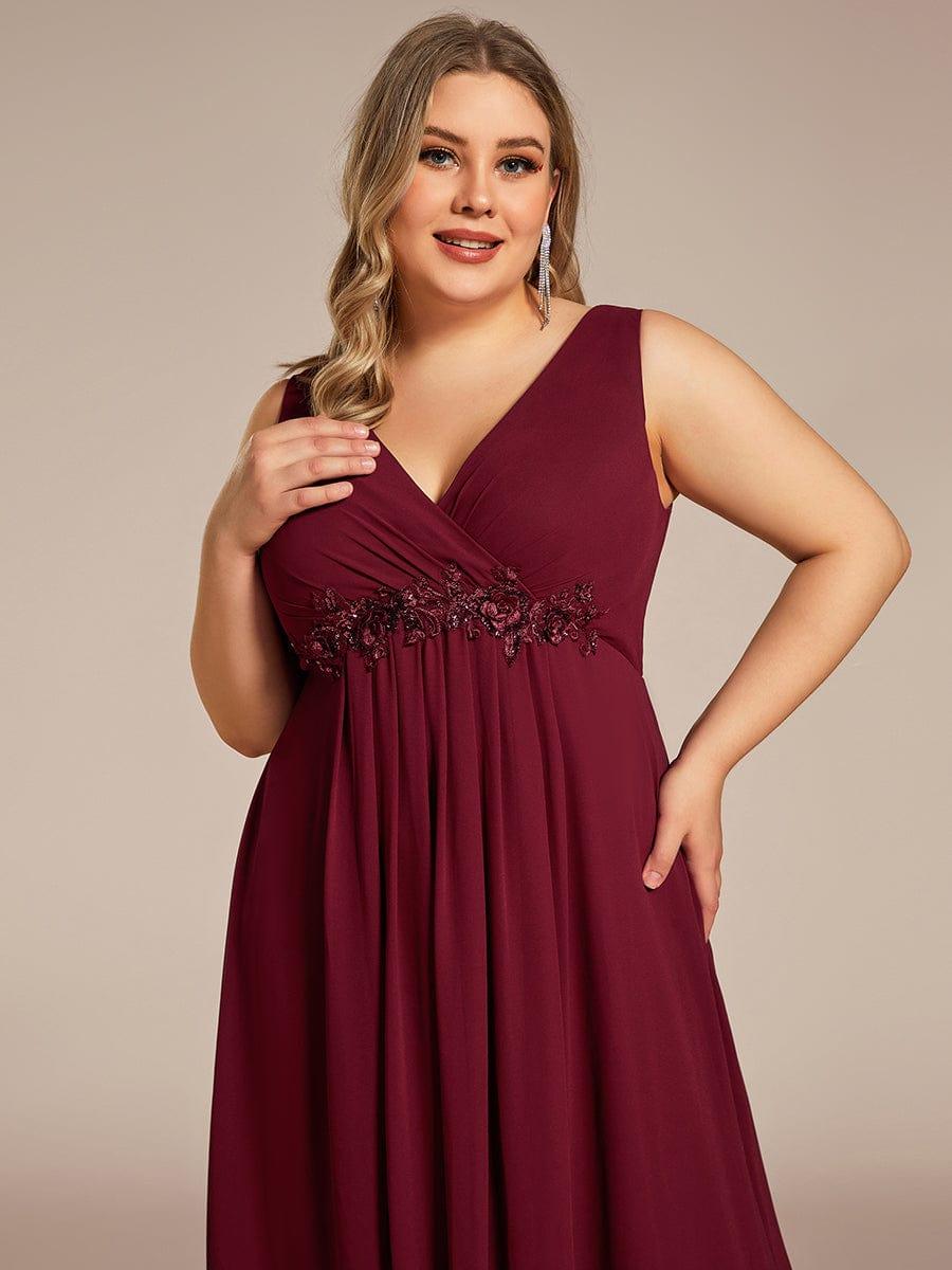 V-Neck Sleeveless A-Line Evening Dress with Appliques #color_Burgundy