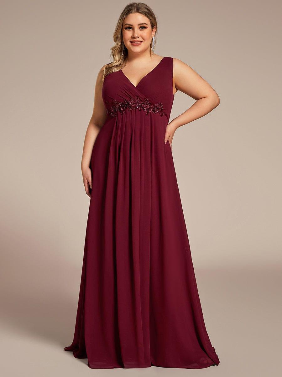 V-Neck Sleeveless A-Line Evening Dress with Appliques #color_Burgundy