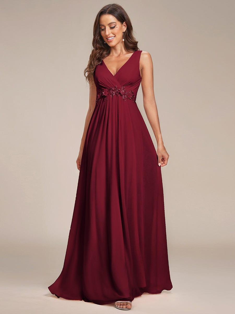 V-Neck Sleeveless A-Line Evening Dress with Appliques #color_Burgundy