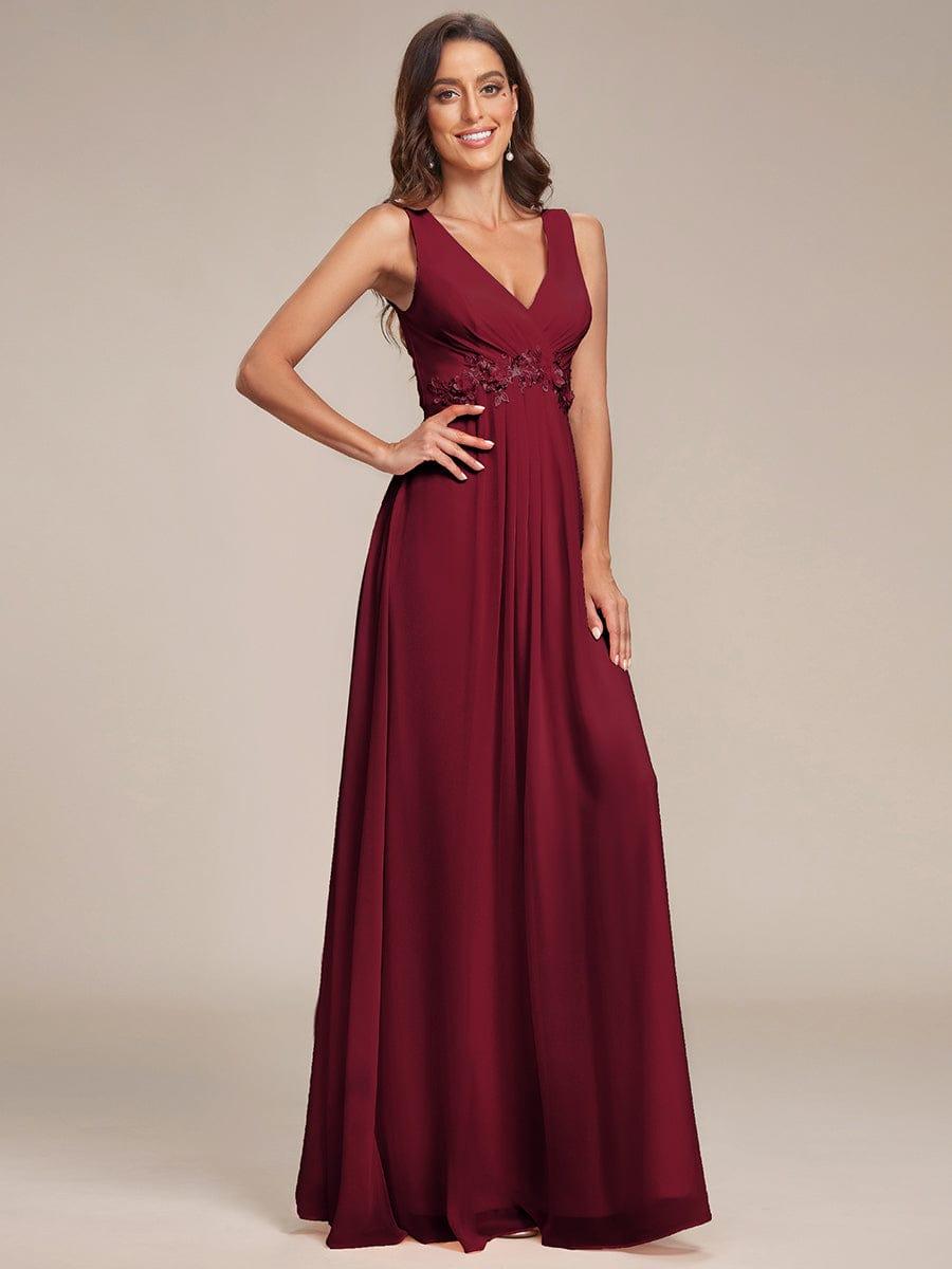 V-Neck Sleeveless A-Line Evening Dress with Appliques #color_Burgundy
