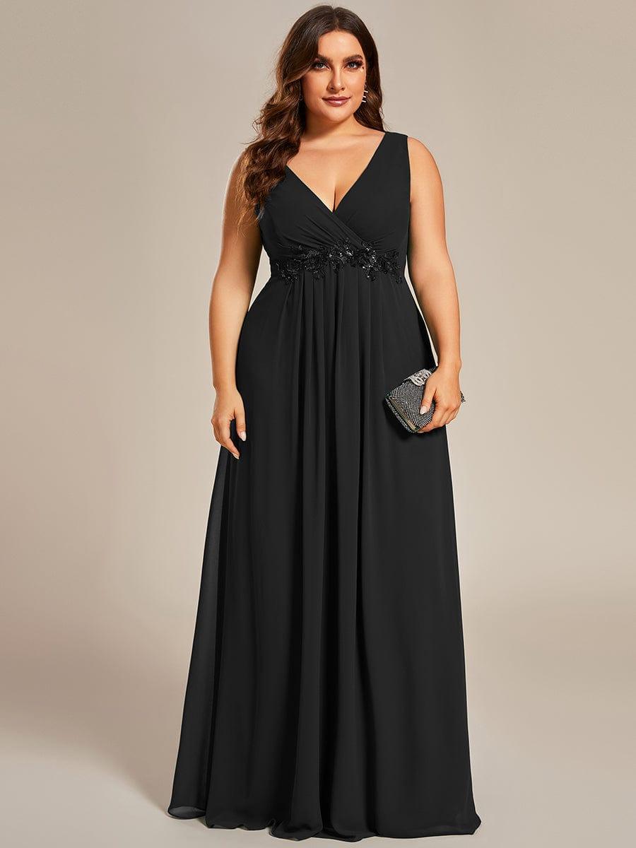 V-Neck Sleeveless A-Line Evening Dress with Appliques #color_Black