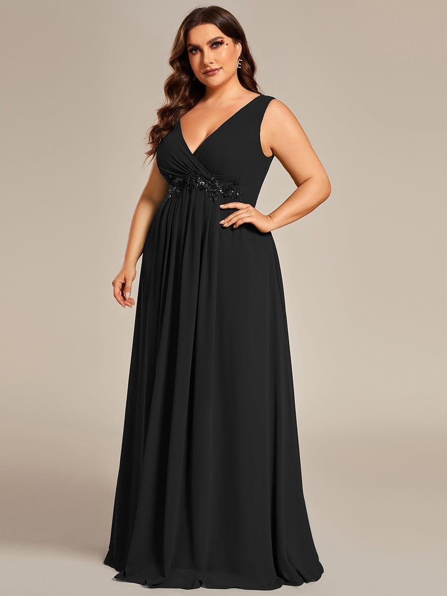 V-Neck Sleeveless A-Line Evening Dress with Appliques #color_Black