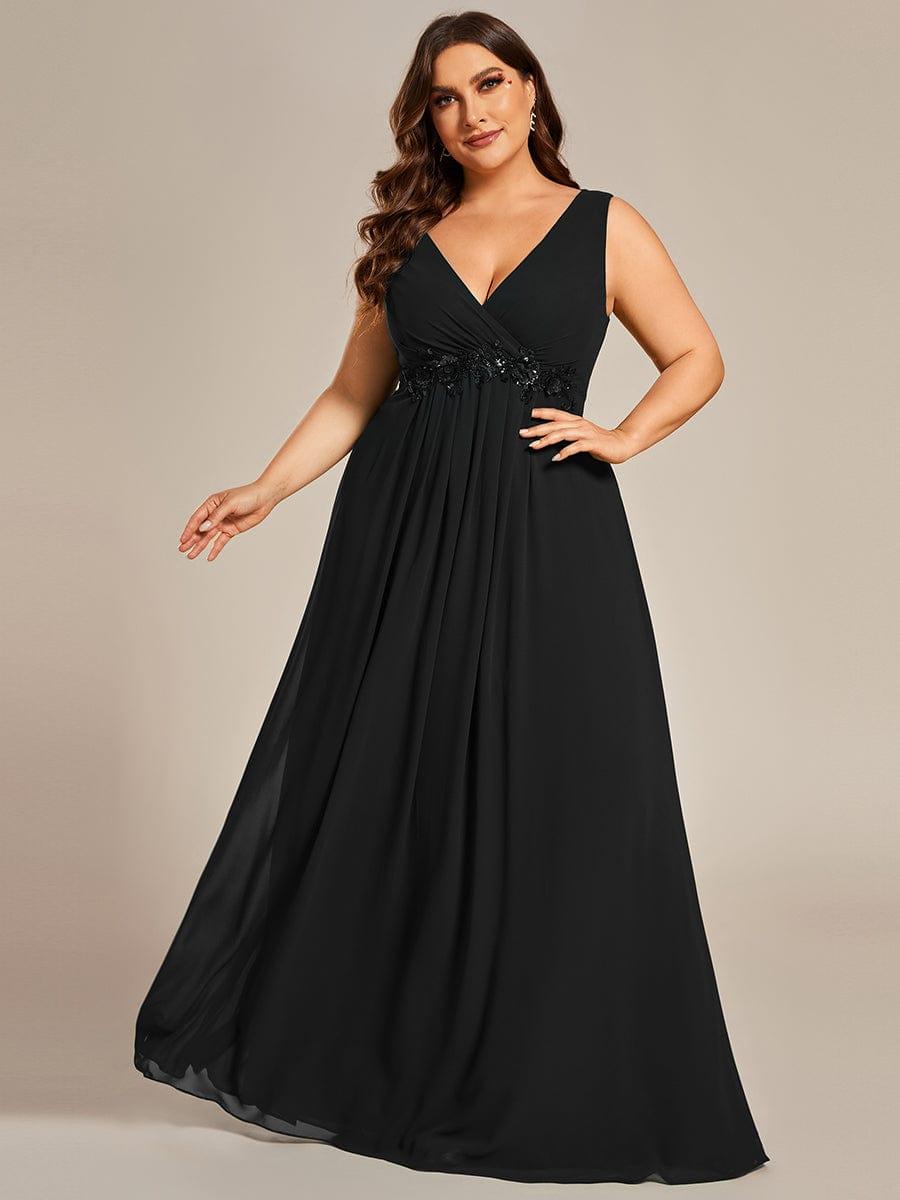 V-Neck Sleeveless A-Line Evening Dress with Appliques #color_Black