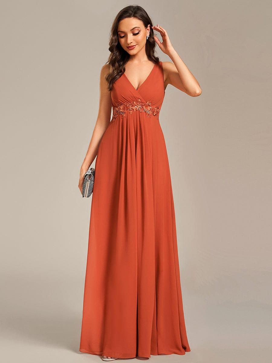 V-Neck Sleeveless A-Line Evening Dress with Appliques #color_Burnt Orange
