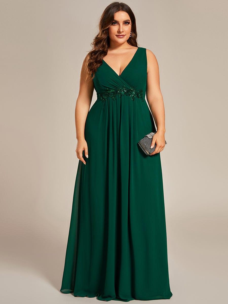V-Neck Sleeveless A-Line Evening Dress with Appliques #color_Dark Green