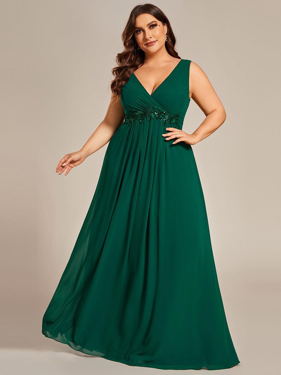 V-Neck Sleeveless A-Line Evening Dress with Appliques #color_Dark Green