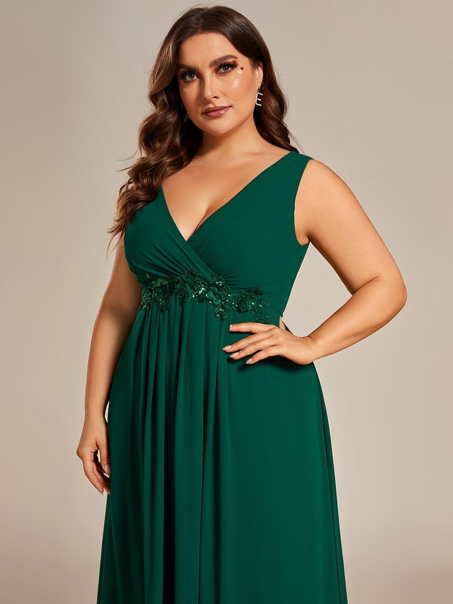 V-Neck Sleeveless A-Line Evening Dress with Appliques #color_Dark Green