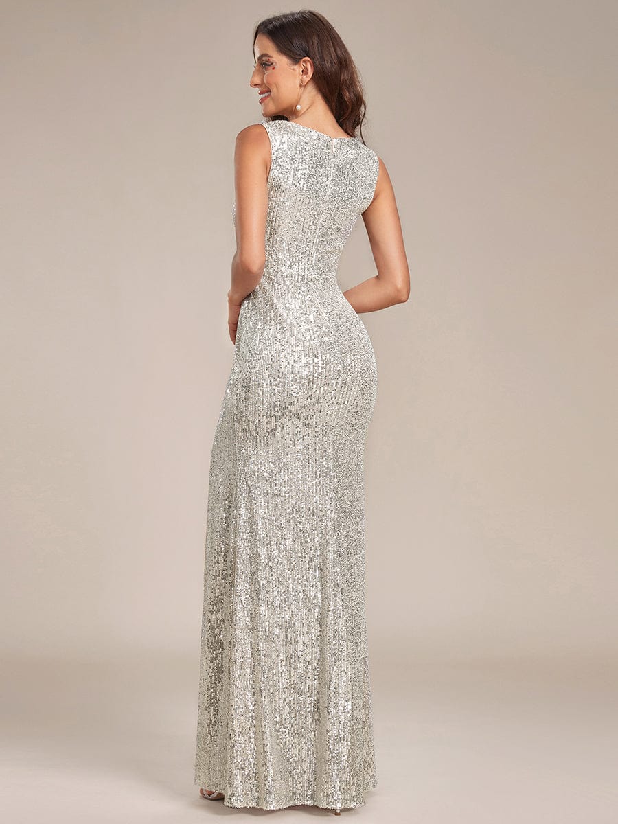 Shiny Sleeveless Sequin Deep V-Neck High Split Evening Dress #color_Champagne