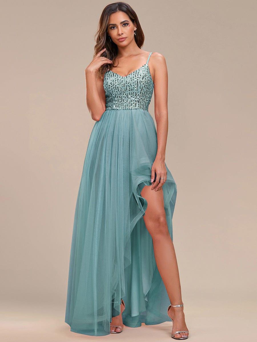 Glamorous Sleeveless Sequin High Low Evening Dress #color_Light Teal