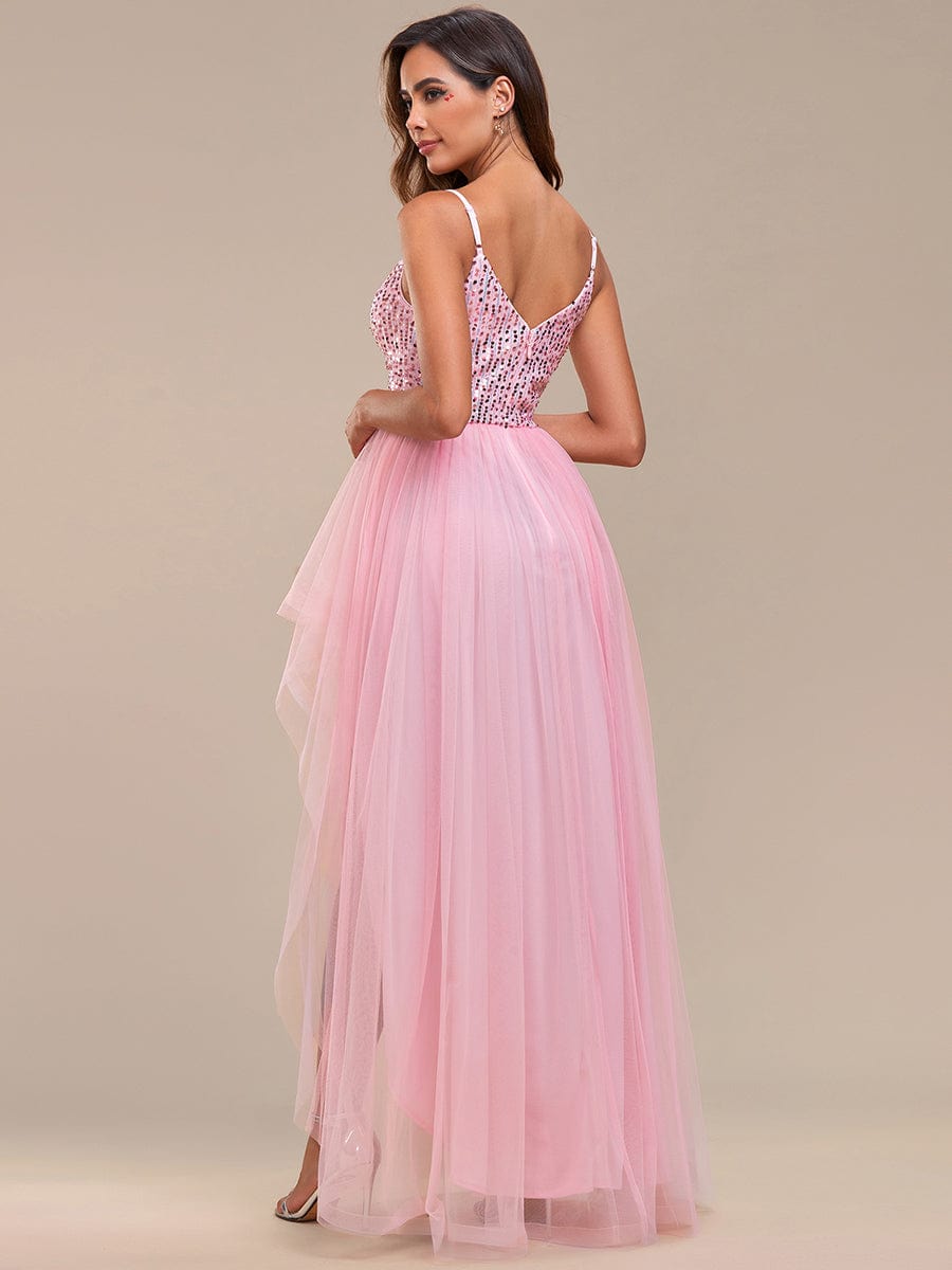 Glamorous Sleeveless Sequin High Low Evening Dress #color_Pink