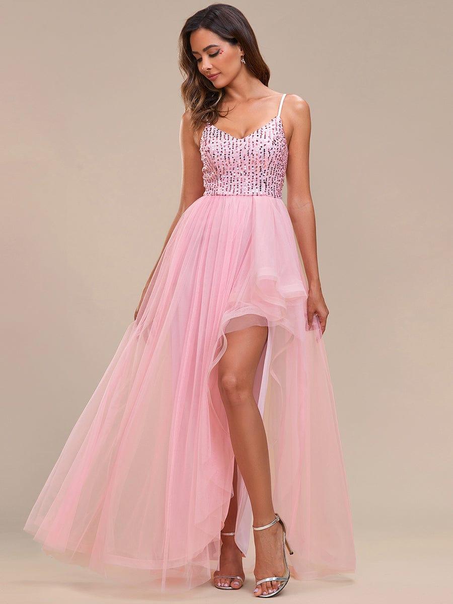 Glamorous Sleeveless Sequin High Low Evening Dress #color_Pink