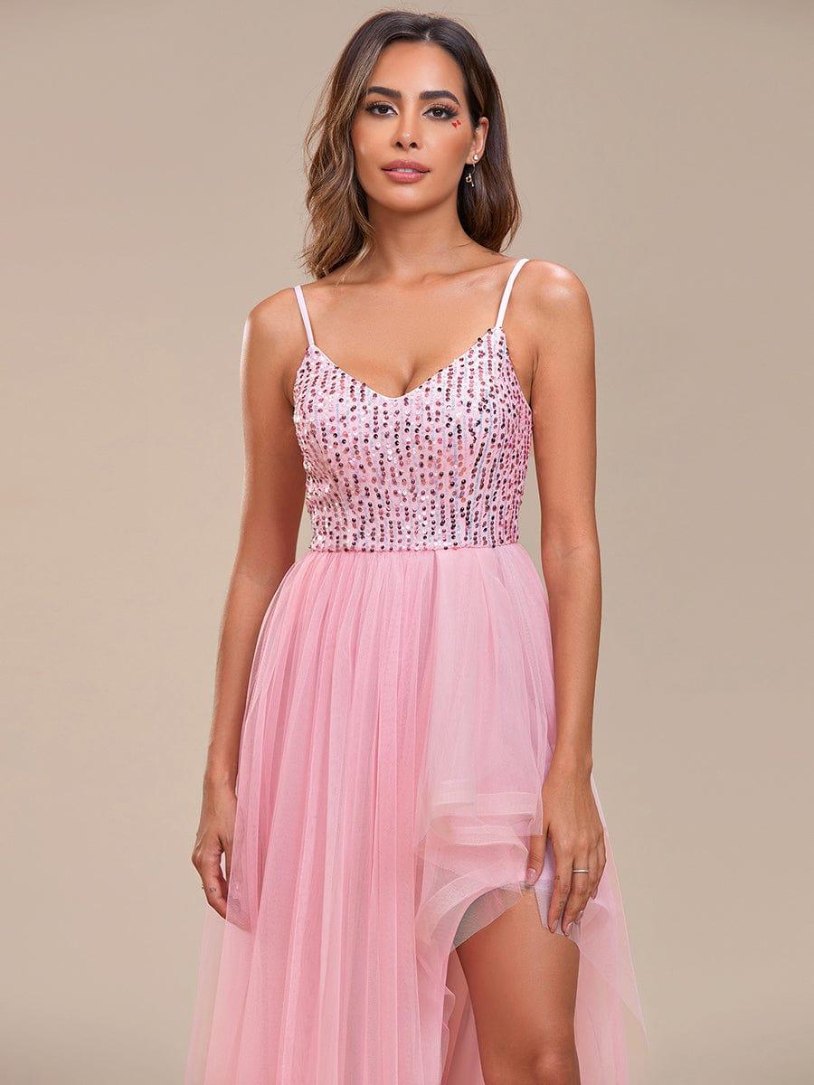 Glamorous Sleeveless Sequin High Low Evening Dress #color_Pink