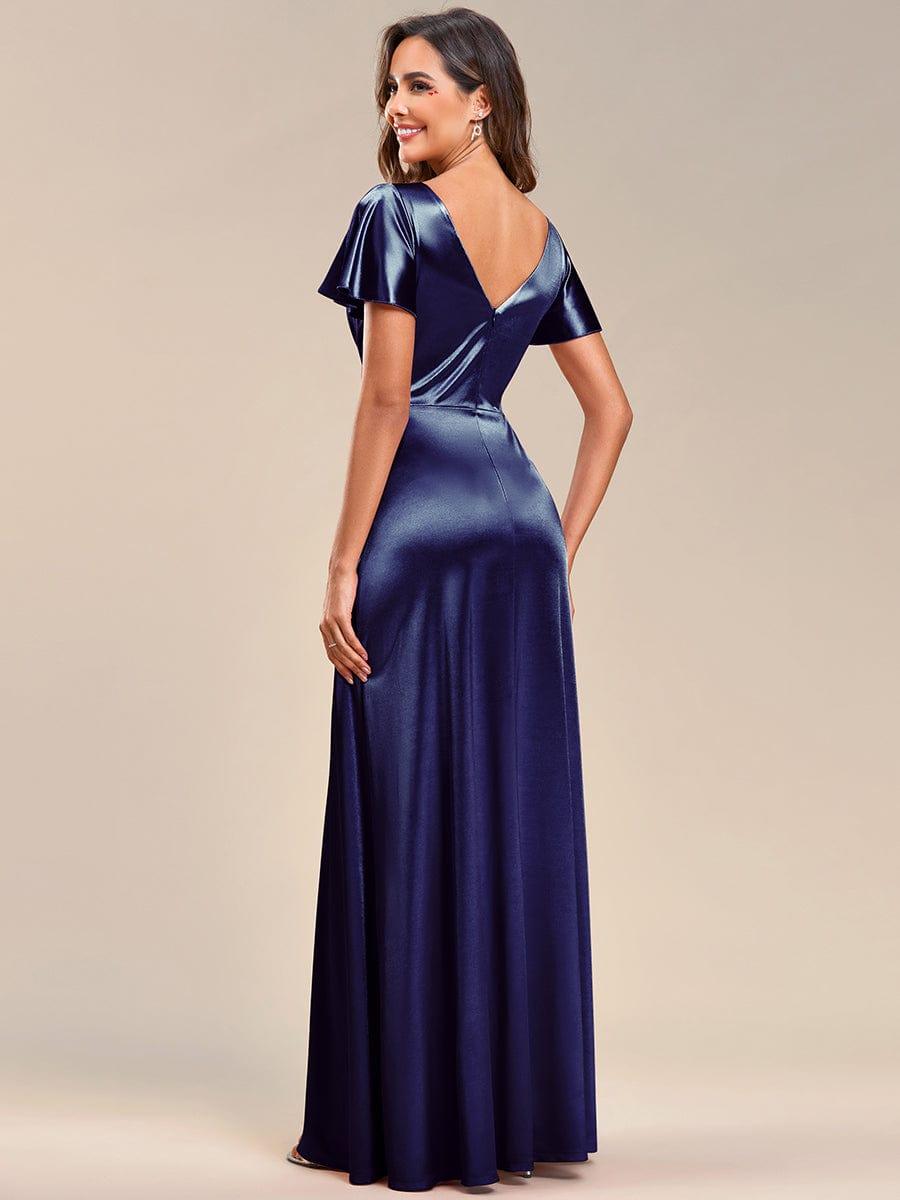 V Neck Ruffled Sleeves Satin Evening Dress #color_Navy Blue V Neck Ruffled Sleeves Satin Evening Dress