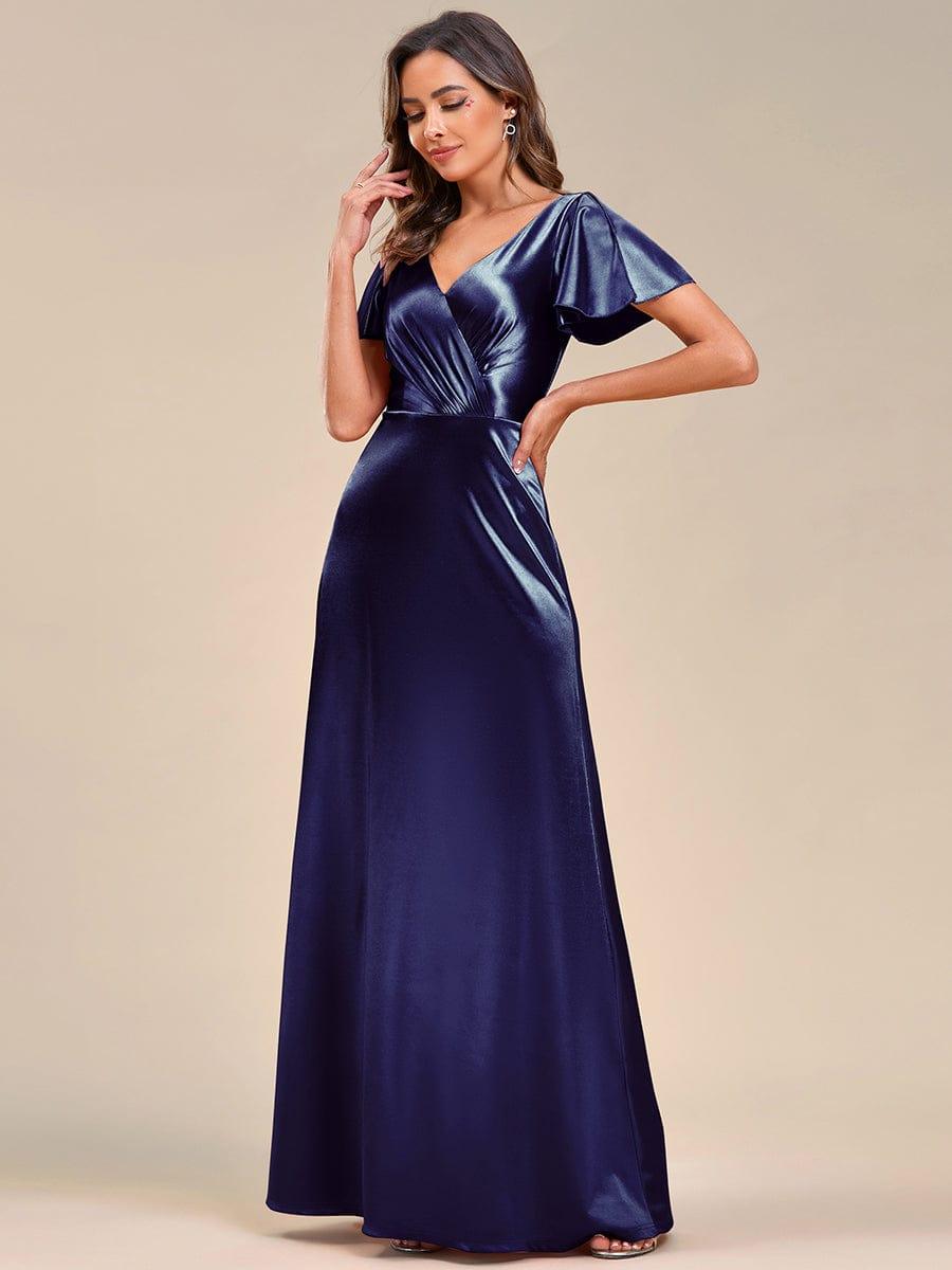 V Neck Ruffled Sleeves Satin Evening Dress #color_Navy Blue V Neck Ruffled Sleeves Satin Evening Dress
