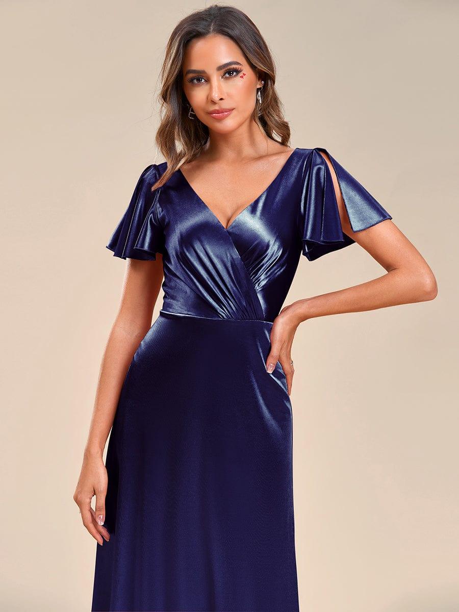 V Neck Ruffled Sleeves Satin Evening Dress #color_Navy Blue V Neck Ruffled Sleeves Satin Evening Dress