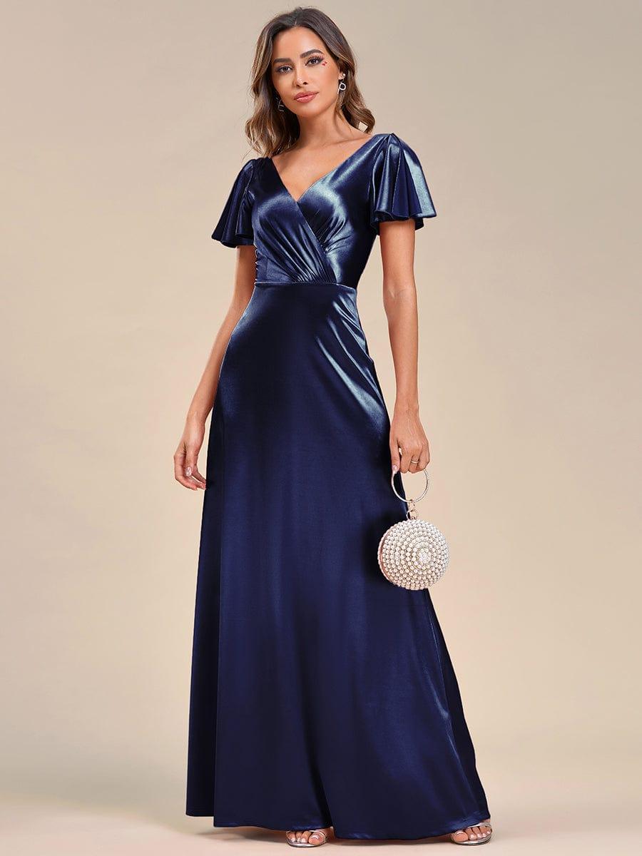 V Neck Ruffled Sleeves Satin Evening Dress #color_Navy Blue V Neck Ruffled Sleeves Satin Evening Dress